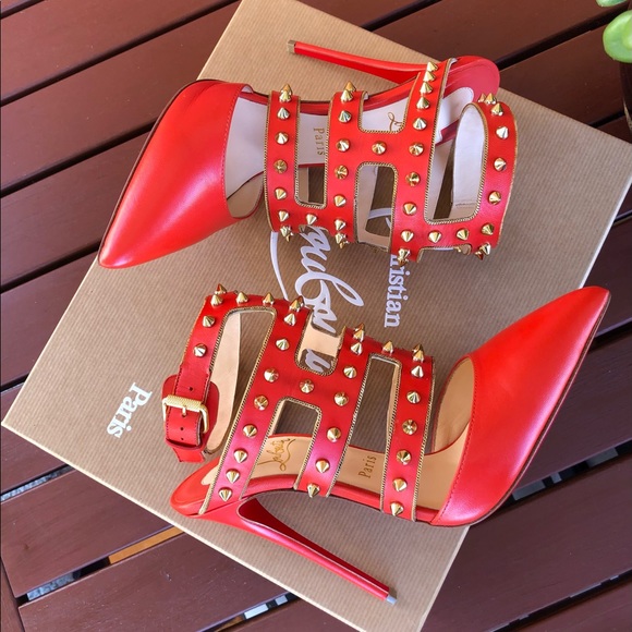 Christian Louboutin Tchicaboum 120mm Studded Orange Caged Heels 37.5 RRP$1750 - Picture 2 of 14